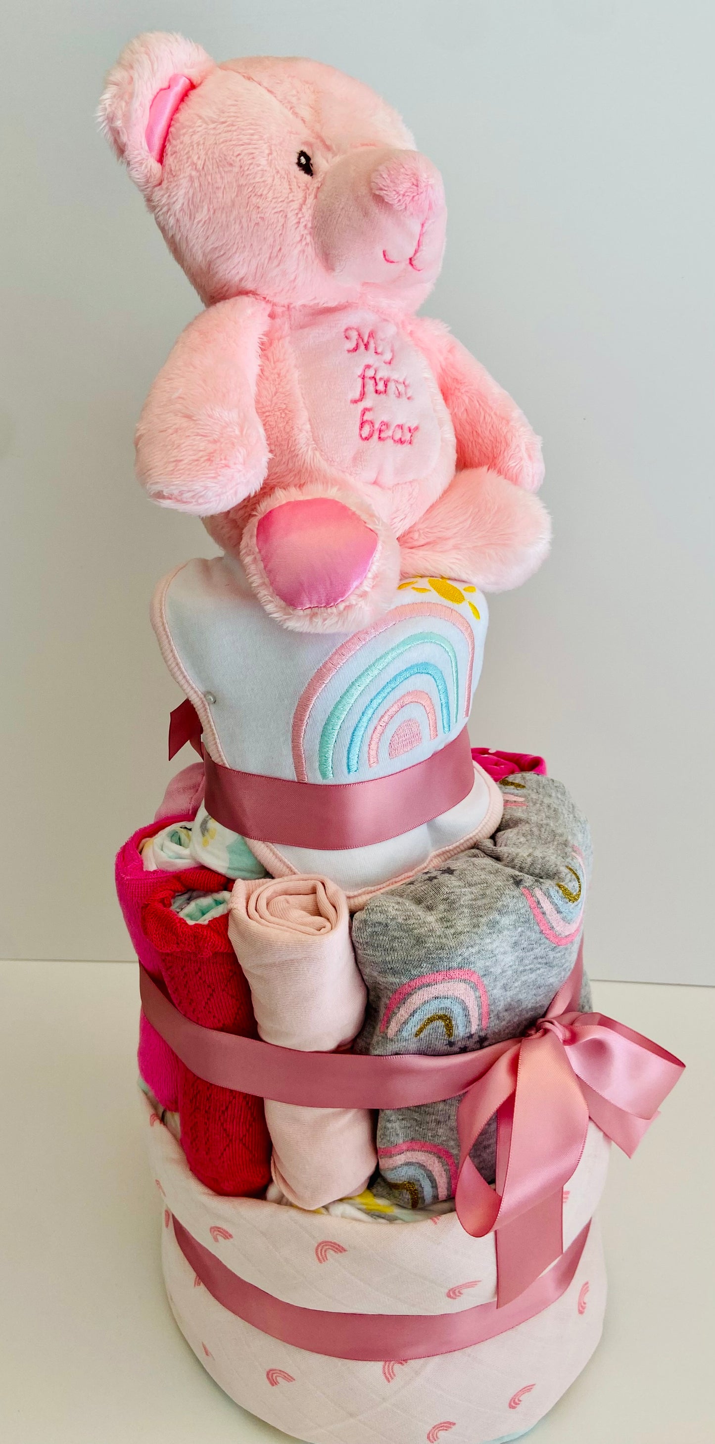 Pink Rainbow Bear Diaper Cake