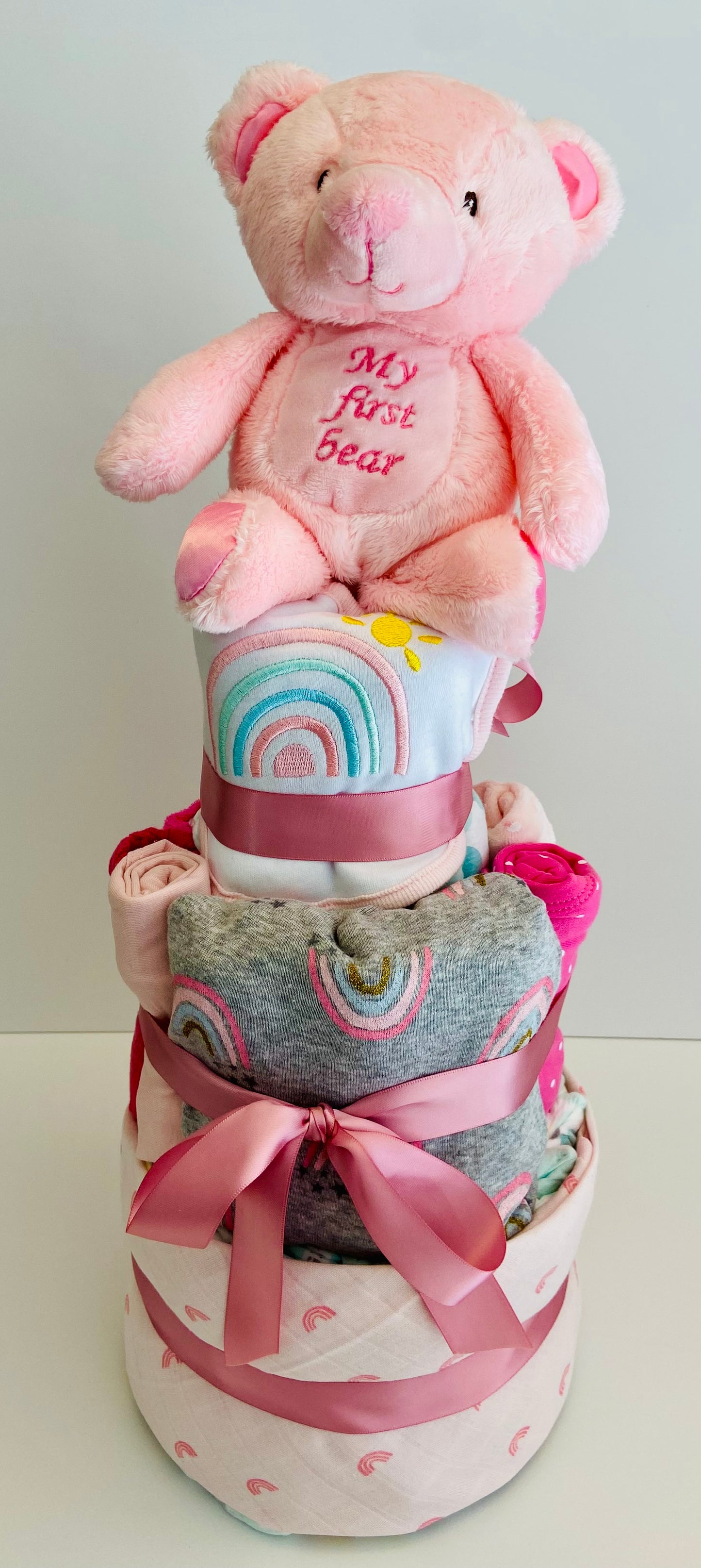 Pink Rainbow Bear Diaper Cake